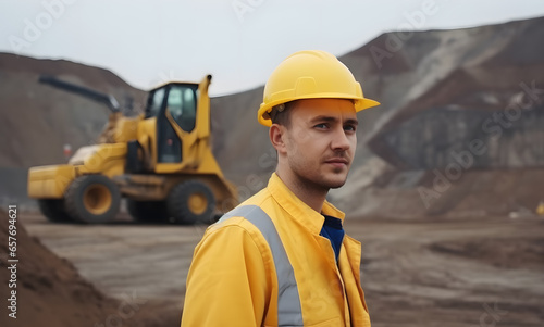 Industry Worker Man manager standing with folded arms wearing safety helmet background construction site with excavator tractor. Generation AI