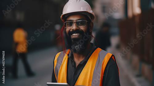 Portrait construction industry engineer background of subway metro industrial, drilling tunnel and laying rails and cables