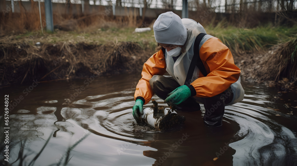 Technician man in full body protective suit collecting sample of river. Concept portable water quality measurement. Technician man in full body protective suit collecting sample of river. Concept portable water quality measurement.
