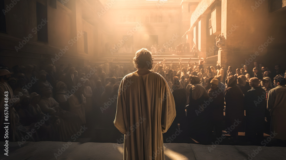 Rear view Jesus preaches to people on streets of Rome. Concept of spread of Christianity - obrazy, fototapety, plakaty 