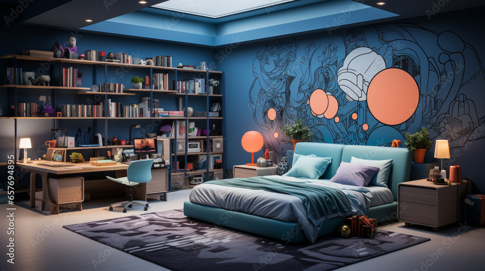 Boy bedroom design in blue color Space theme. - obrazy, fototapety, plakaty 