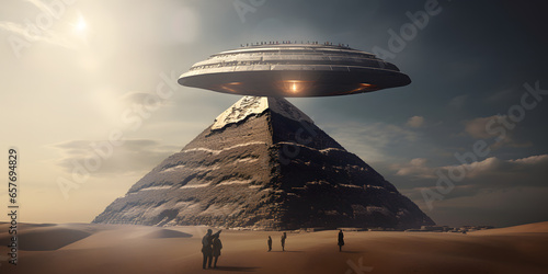 Egyptian pyramids with flying UFO alien spacecraft. Generation AI