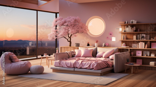 Minimalist Pink Girls' Bedroom. Interior design. 3D rendering