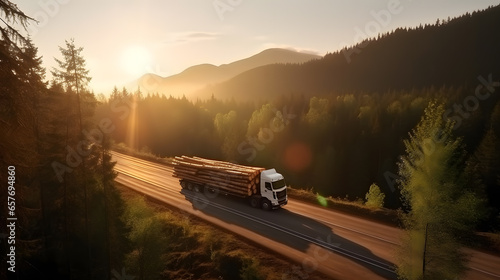 Logging Industrial, cargo truck trailer with big timber wood carrier pine on road forest sunset background. Aerial top view