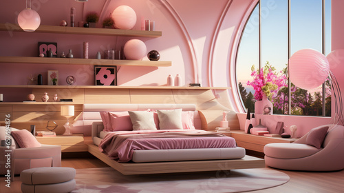 Minimalist Pink Girls  Bedroom. Interior design. 3D rendering
