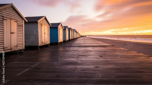 cabanes de plage multicolore, alignée sur plancher au bord de mer au soleil couchant photo