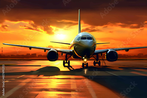 Airplane at the airport ready to take off against a background of sunset, reddish yellow light. © J