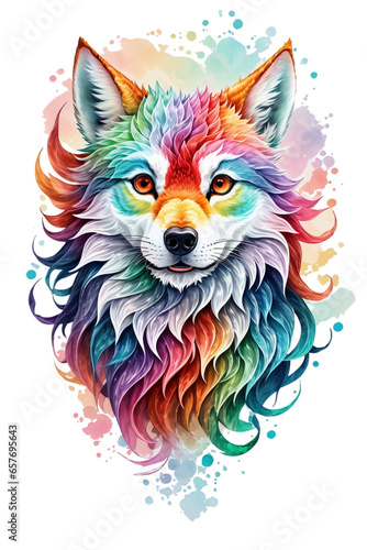 watercolor graphics beautiful portrait of a colorful pastel wolf