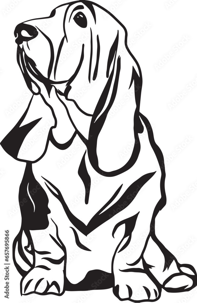 Cartoon Black and White Illustration Vector Of A Bloodhound Dog Sitting Down
