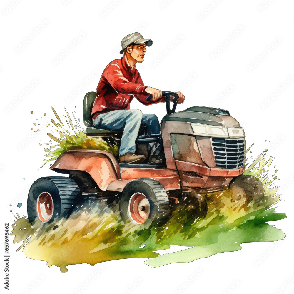 Fototapeta premium Man mowing the grass using a riding lawn mower, isolated