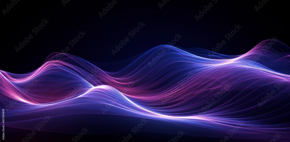 An abstract futuristic backdrop features vibrant pink and green neon wave lines racing atop mountains of data, complemented by dreamy bokeh lights. Ideal for technological presentations, modern design - obrazy, fototapety, plakaty 