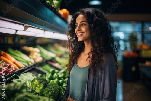 A cheerful woman browses with a smile, shopping in a supermarket where fresh fruit and vegetables are neatly displayed on the shelves. Ideal for advertising grocery sales or health initiatives.