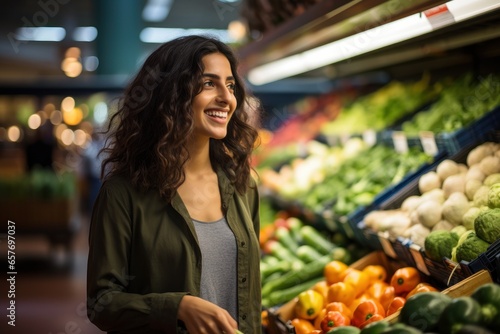 A cheerful woman browses with a smile, shopping in a supermarket where fresh fruit and vegetables are neatly displayed on the shelves. Ideal for advertising grocery sales or health initiatives.