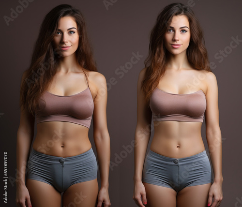 Woman portrait before and after weight loss. 