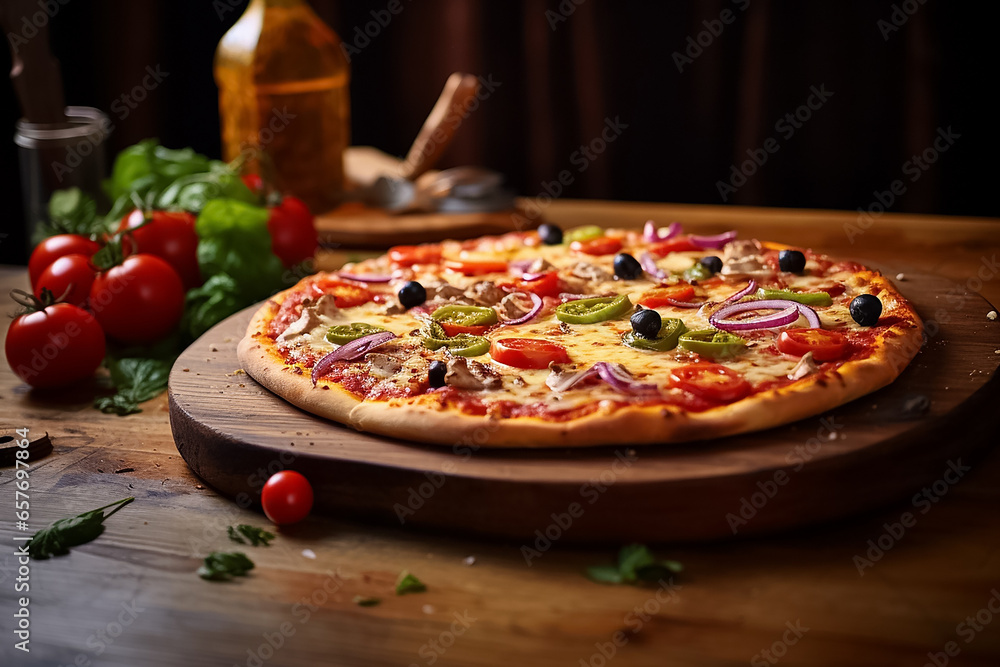 The close up detail of a delicious fresh baked pizza topped with pepperoni, green and black olives, and cheese on a dark wooden table, Generative AI.