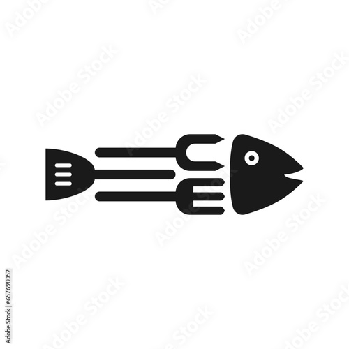 Fish silhouette with cutlery for cooking including kitchen spatula and forks. Simple minimal vector design. 