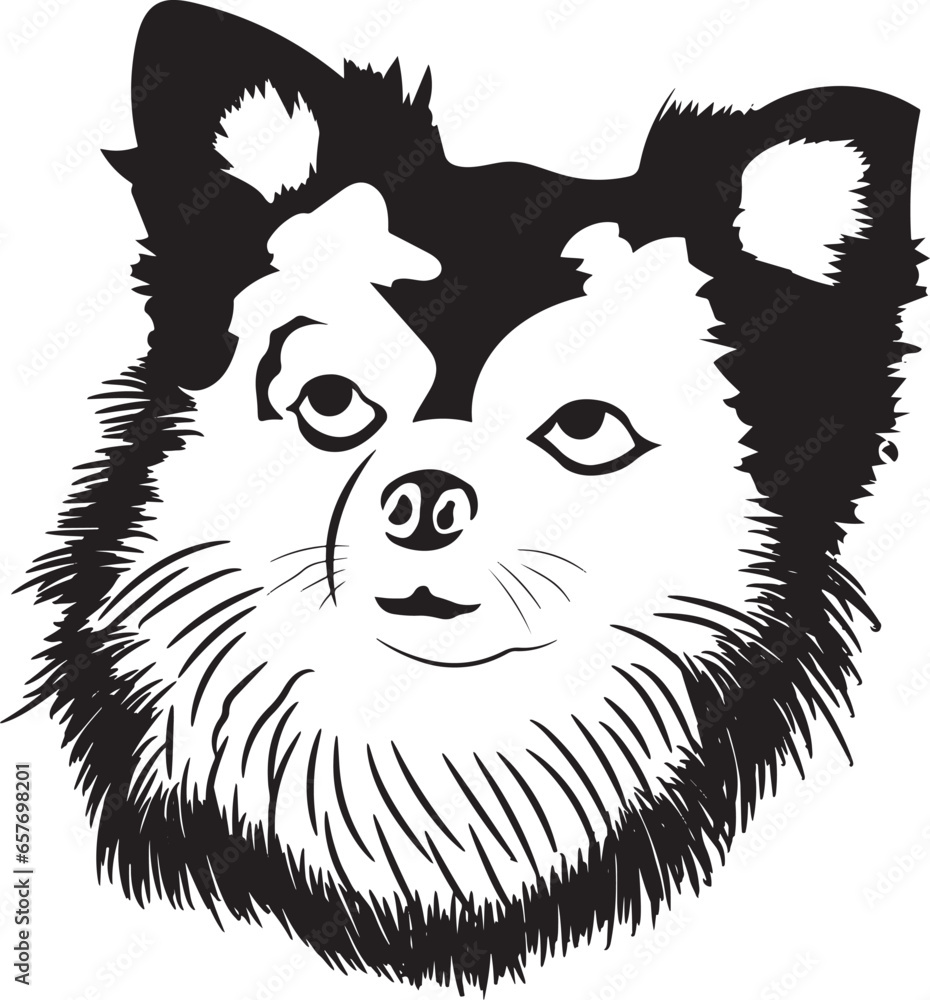 Cartoon Black and White Illustration Vector Of A Confused Looking Papillion Puppy Dogs Face and Head