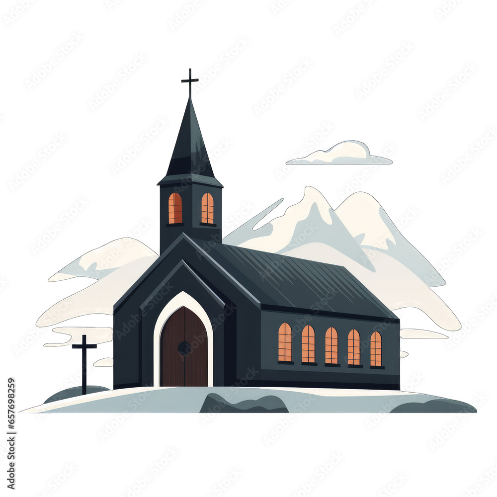Flat design of an Iceland black church in the village - isolated on transparent background