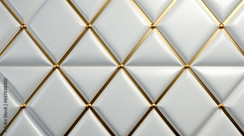 Fototapeta premium Elegance in Harmony: 3D White Leather Panels Decorated in White and Gold Adorn a Seamless Shaded Geometric Abstract Diamond-Shaped Pattern Background 