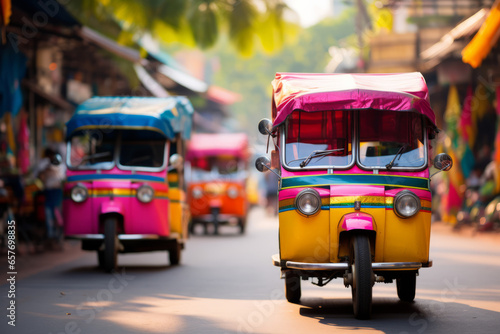Two brightly coloured tuk tuks waiting for customers in a Bangkok street photo