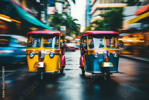 Two brightly coloured tuk tuks waiting for customers in a Bangkok street photo