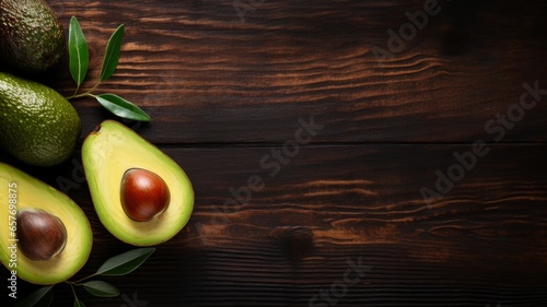 Fresh Organic Avocado Fruit Photorealistic Horizontal Background. Healthy Vegetarian Diet. Ai Generated Background with Delicious Juicy Avocado Fruit On Wooden Countertop with Copy Space.