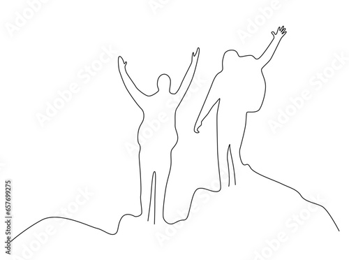 Tourists stand and wave happily on the mountain. Showing success in travel, one line art free hand drawn vector illustration.