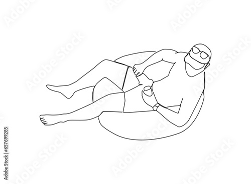 A man wearing a hat drinks a drink in a floating huangyang, free hand drawn one line art vector illustration.