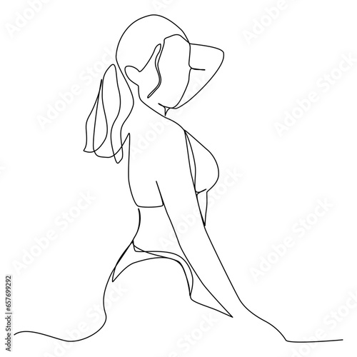 Sexy woman posing on the beach, one line art, free hand drawn vector illustration. Taking photo.