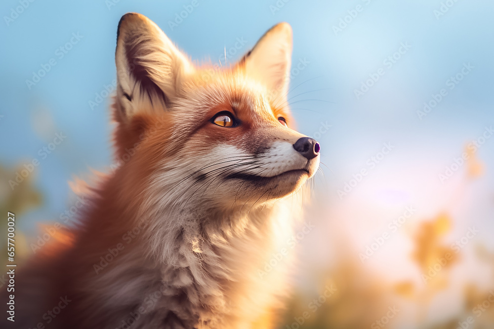 The portrait of a wild red fox or vulpes standing in an autumn forest, green field and clear blue sky, Generative AI.