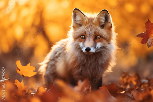 The portrait of a wild red fox or vulpes standing in an autumn forest, green field and clear blue sky, Generative AI.
