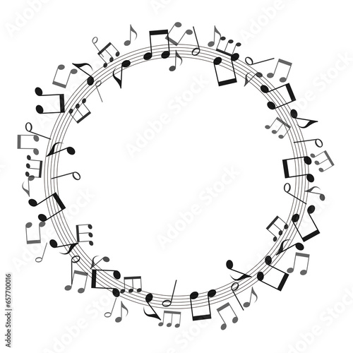 黒い音符の円形フレーム、躍動感のある音楽背景イラスト