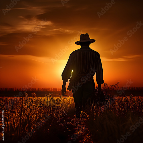 Silhouette of a farmer in a field. An agriculture concept. Generative ai. 
