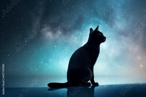 silhouette of a cat against fog and stars at night. Generative AI