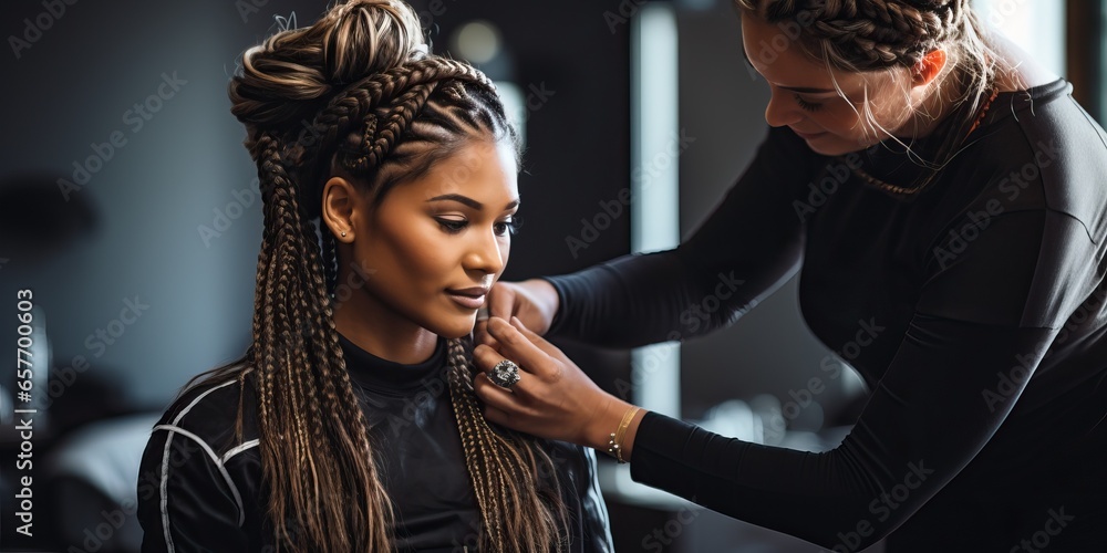 african american hairdresser working with dreadlocks in salon - obrazy, fototapety, plakaty 