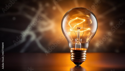 Glowing glass light bulb on dark background with glowing lines