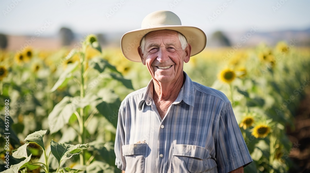 Portrait of happy senior man in hat standing in sunflower field