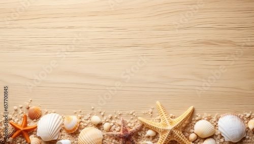 Seashells and starfish on wooden background with copy space
