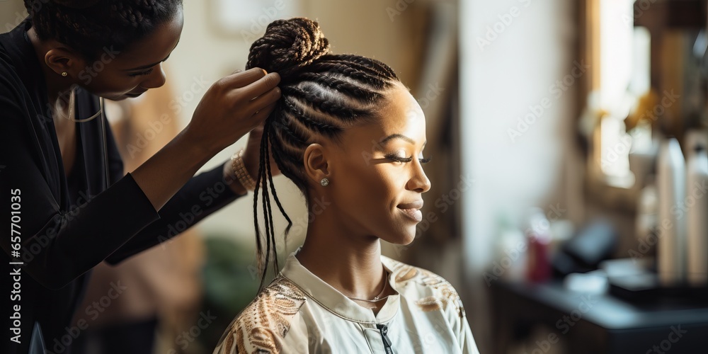 Beautiful african american woman with dreadlocks in hairdressing salon - obrazy, fototapety, plakaty 