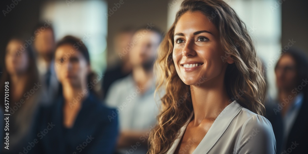 Portrait of smiling businesswoman in office with colleagues Portrait of smiling businesswoman in office with colleagues