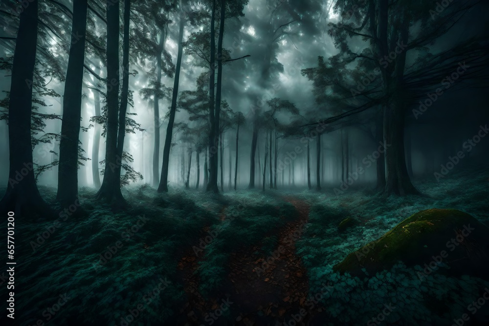 Fototapeta premium A dense, mysterious fog rolling through a hauntingly beautiful forest
