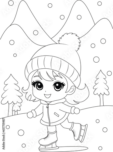 Coloring page a kid ice skating. Christmas colouring page