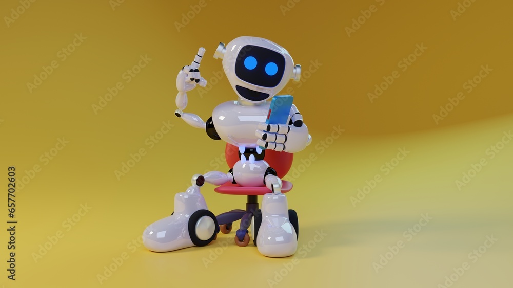 Cute cartoon 3d blue robot with glowing smiling face on the screen holding phone and sitting on the chair. 3d illustration highly usable. 3d robot character. Concept art. Copy space. 3d phone mock up.