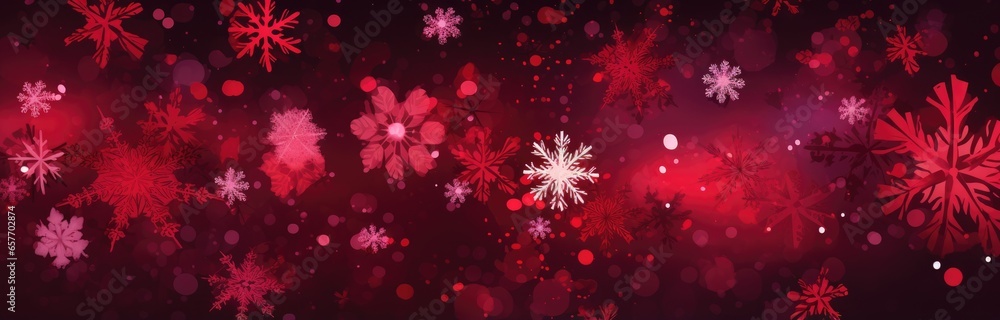 Red and white snowflakes on a black background - obrazy, fototapety, plakaty 