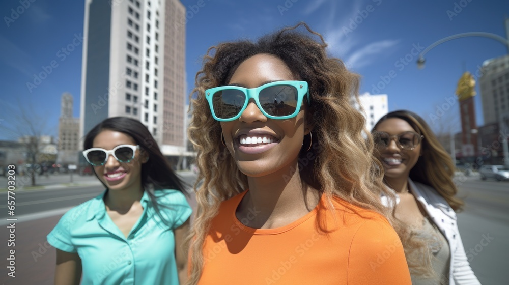 Smiling African woman in orange with sunglasses.