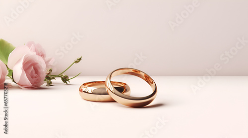 Wedding rings banner. Wedding rings from red gold on light background, copy space. Gold wedding rings. Minimalistic rings for wedding, proposal. Saint Valentine Day rings. Wedding ring ads background