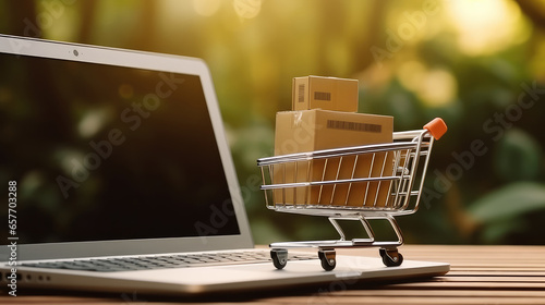 Shopping cart on computer keyboard. The concept of mail order internet e-commerce market