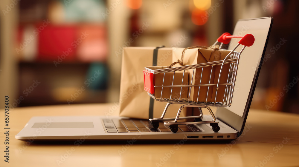 Shopping cart on computer keyboard. The concept of mail order internet e-commerce market