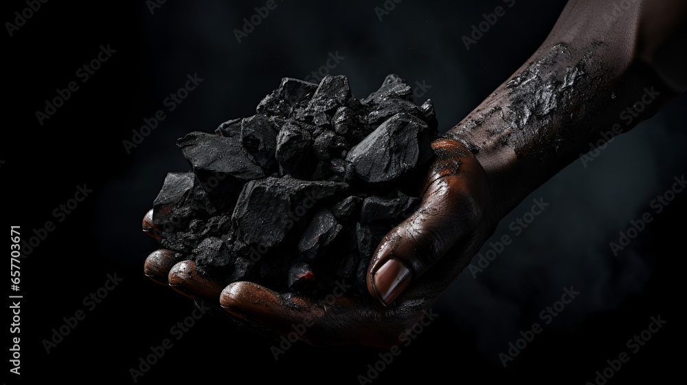 Person Holding Coal: Close-Up of Hands with Black Coal - Dark, Moody Background and Selective Lighting - obrazy, fototapety, plakaty 