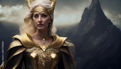 Queen in the mountains, with golden armor, crown, blonde hair, dark fantasy world